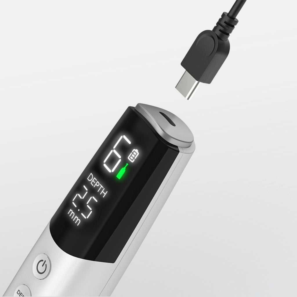 Dr. Pen M9 microneedling pen, silver and white, with LED display showing depth and battery, charging via USB-C.