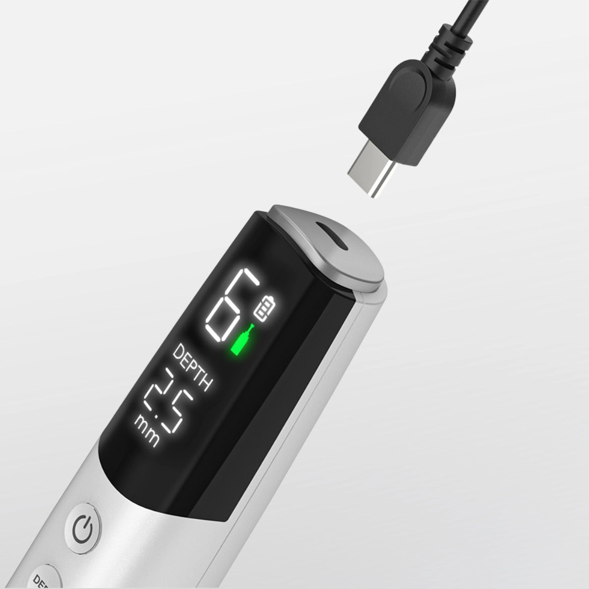 Dr. Pen M9 microneedling pen, silver and white, with LED display showing depth and battery, charging via USB-C.