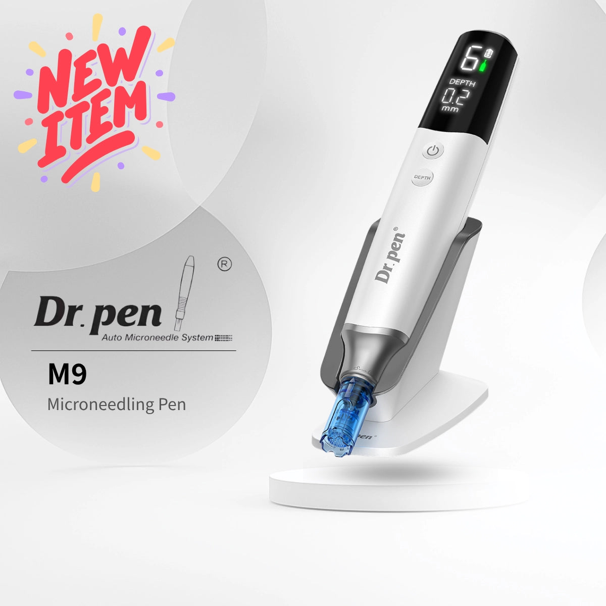 Dr. Pen M9 wireless microneedling pen, white with smart LED display, on a charging stand.