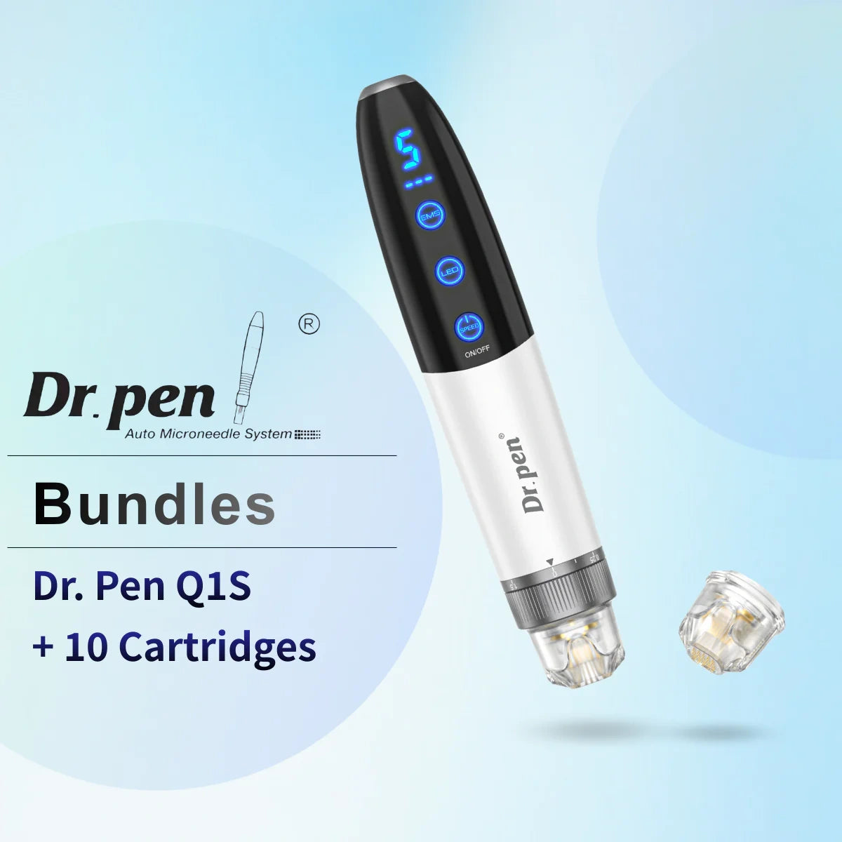 Sleek white Dr. Pen Q1S electric beauty device with black display, blue lights, and clear microneedle cartridge.