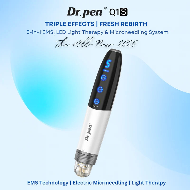 Sleek white and black Dr. Pen Q1S electric beauty device with blue LED display for microneedling, EMS, and light therapy.