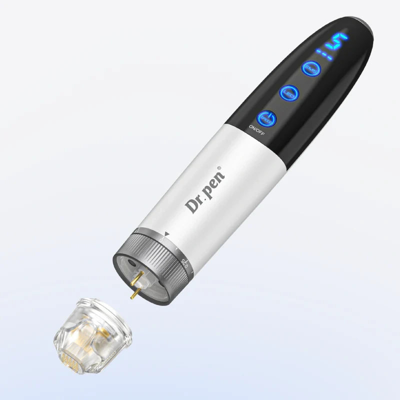 Sleek black and white Dr. Pen Q1S electric beauty device with glowing blue display and detachable microneedling cartridge.