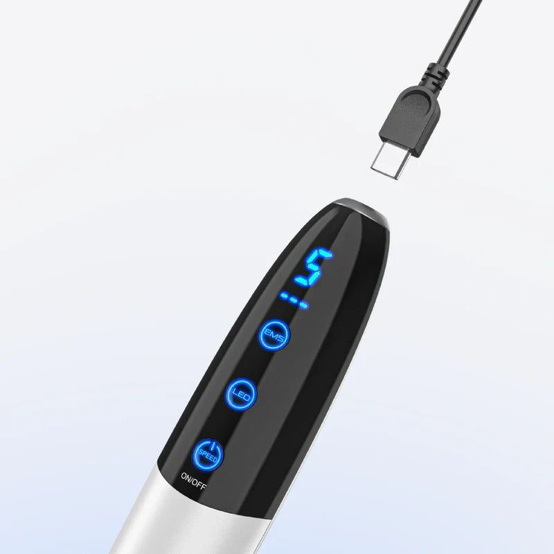 Sleek black and silver Dr. Pen Q1S electric beauty device with glowing blue LED display and USB-C charging cable.