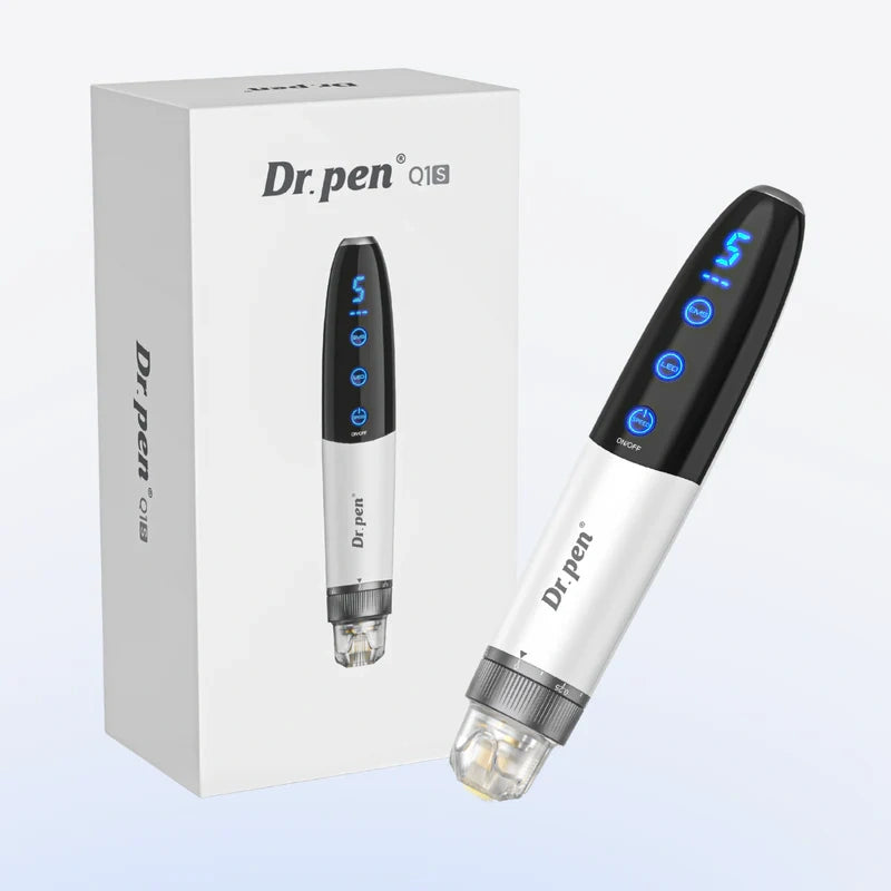 Sleek white and black Dr. Pen Q1S electric beauty device with blue LED display and clear microneedling tip.