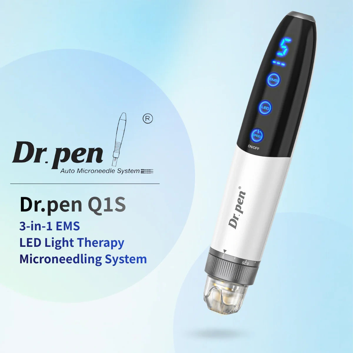 Sleek white Dr. Pen Q1S 3-in-1 EMS, LED, Microneedling device with black top and blue digital display.