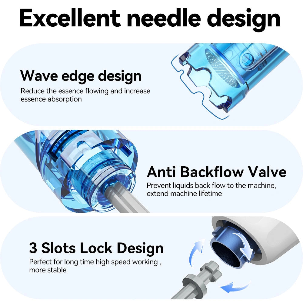 Dr. Pen A11 Ultima Pro microneedling pen's blue cartridge with wave edge, anti-backflow valve, and 3-slot lock design.