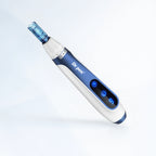 Dr. Pen A11 Ultima Pro microneedling pen in white and blue with LED display and needle cartridge.