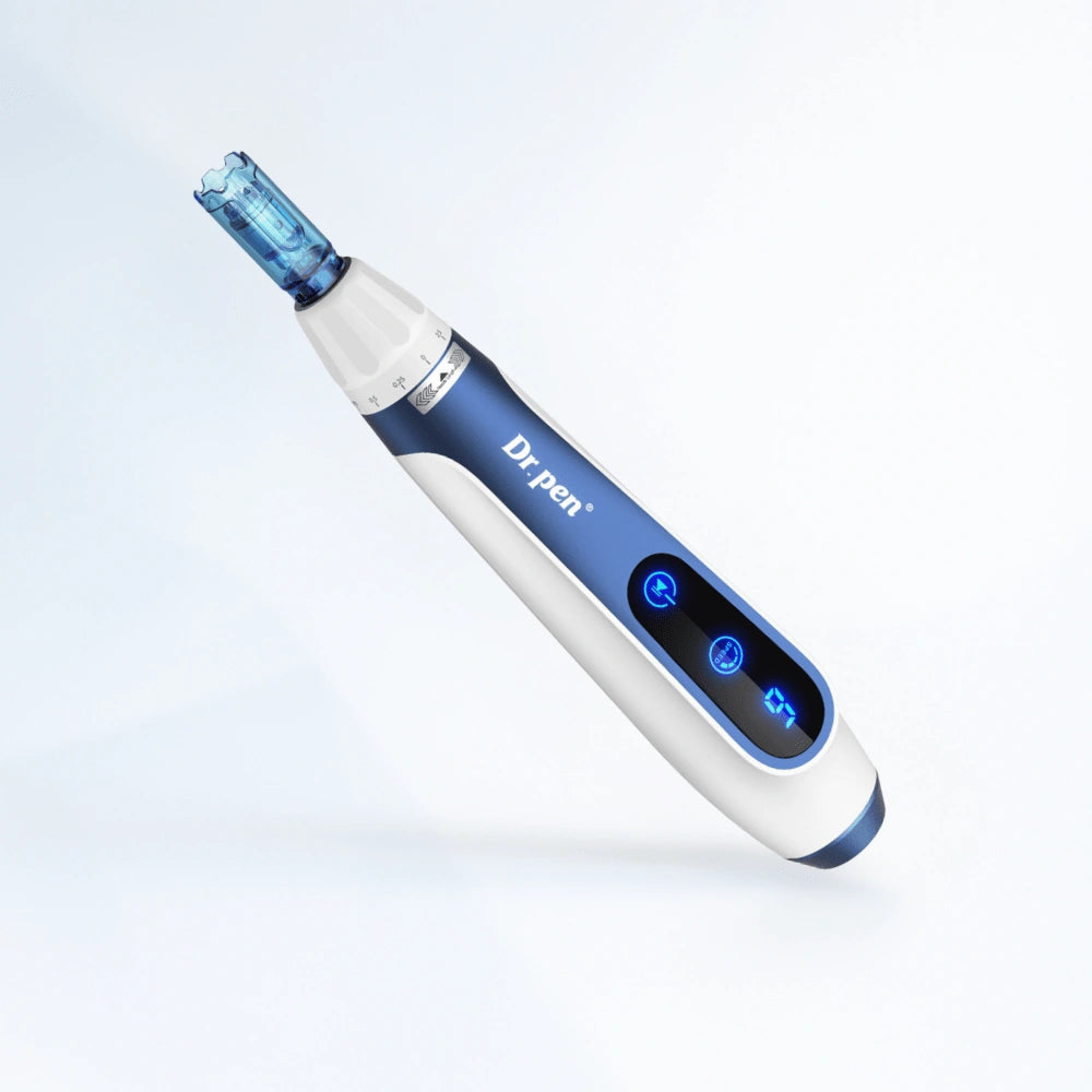 Dr. Pen A11 Ultima Pro microneedling pen in white and blue with LED display and needle cartridge.