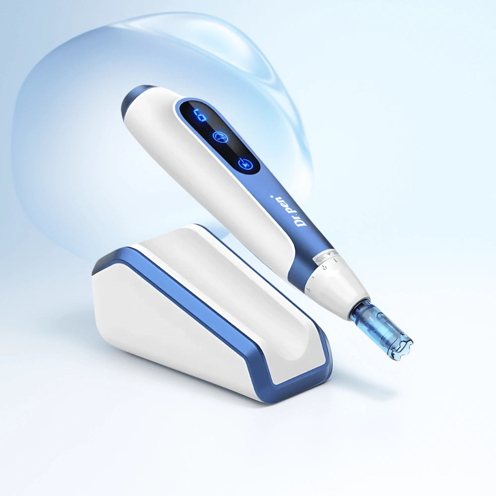 Dr. Pen A11 Ultima Pro microneedling pen in white and blue with LED display, on its inductive charging stand.