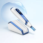 Dr. Pen A11 Ultima Pro microneedling pen in white and blue with LED display, on its inductive charging stand.