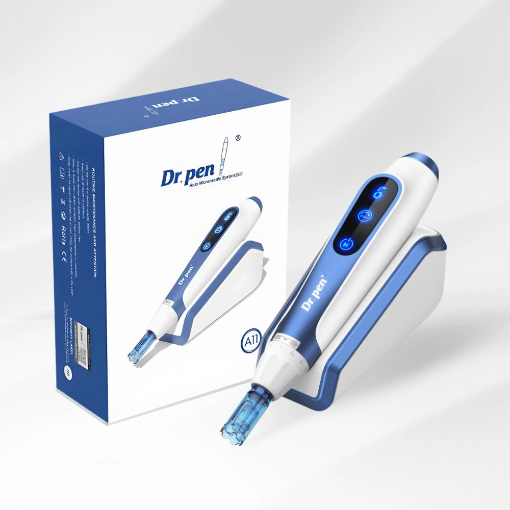 Dr. Pen A11 Ultima Pro microneedling pen in white and blue, with charging stand and retail box.