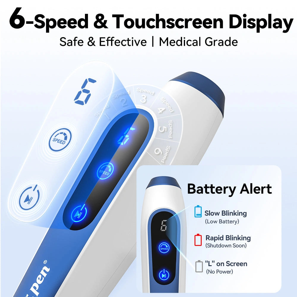 Dr. Pen A11 Ultima Pro microneedling pen with LED display, showing 6-speed settings and battery alert.