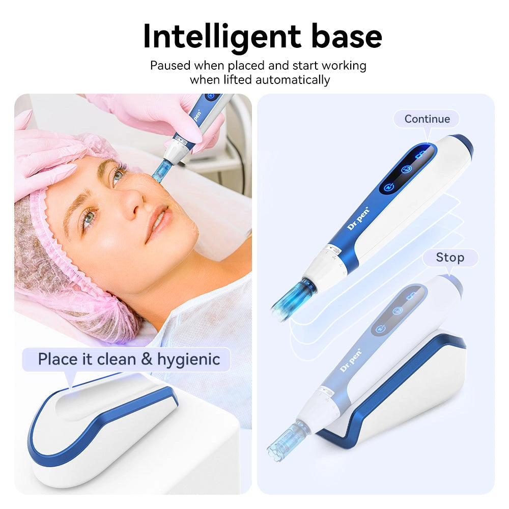 Dr. Pen A11 Ultima Pro microneedling pen with intelligent charging base, shown in use and on its stand.