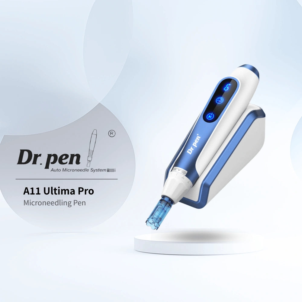 Dr. Pen A11 Ultima Pro microneedling pen in white and blue, with LED display, on its inductive charging stand.
