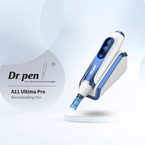 Dr. Pen A11 Ultima Pro microneedling pen in white and blue, with LED display, on its inductive charging stand.