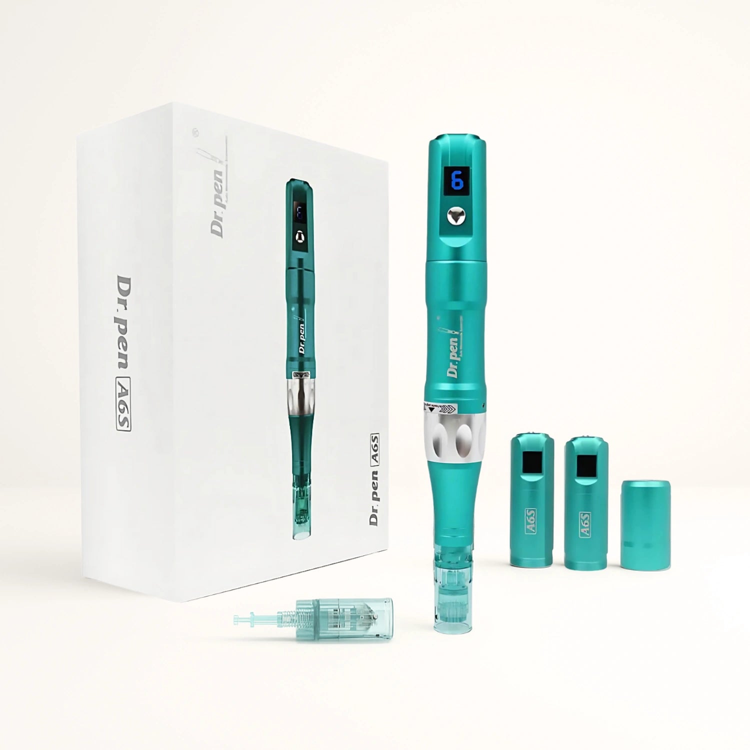 Dr. pen A6S Smart Microneedling Pen in sleek matte teal, with box, cartridges, and accessories.