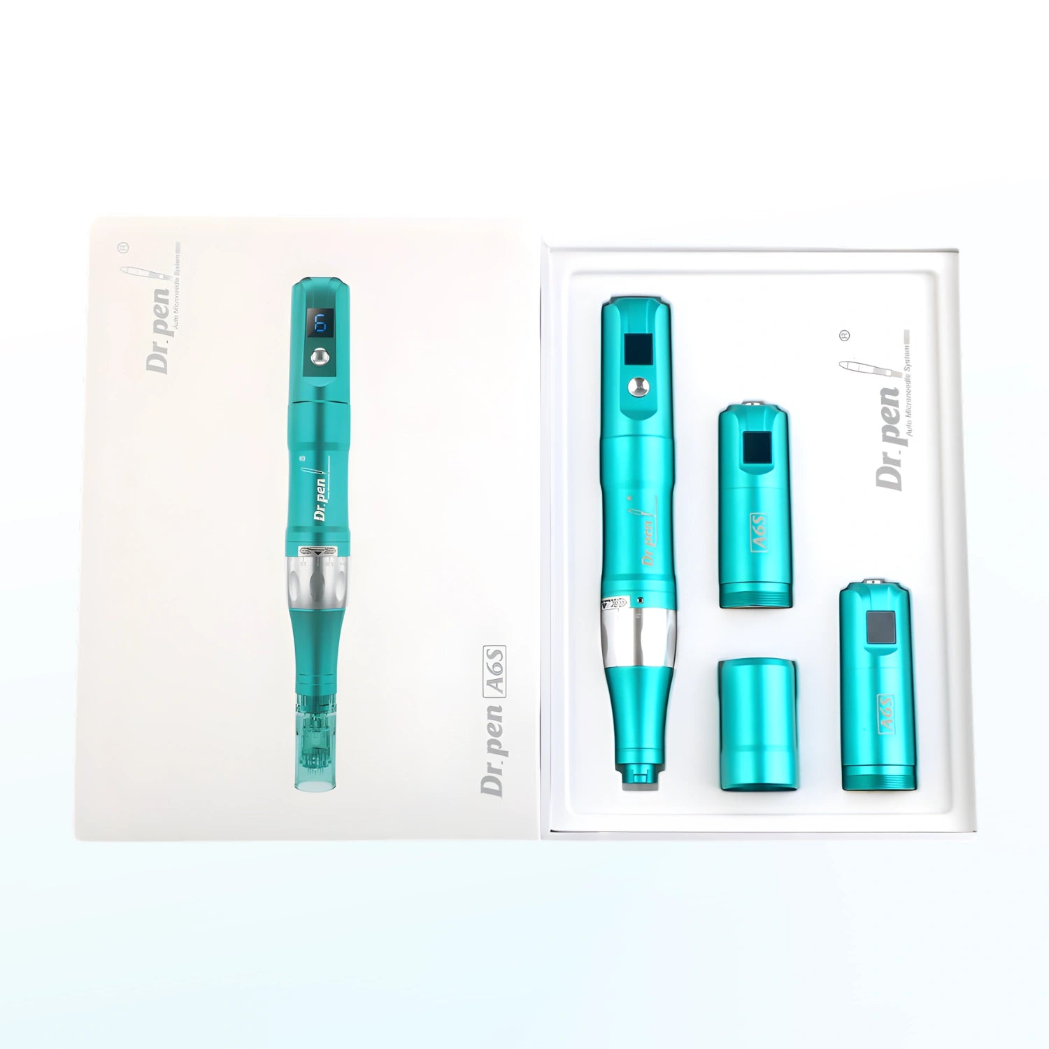 Dr. pen A6S Smart Microneedling Pen in sleek matte teal, with accessories in its professional white box.