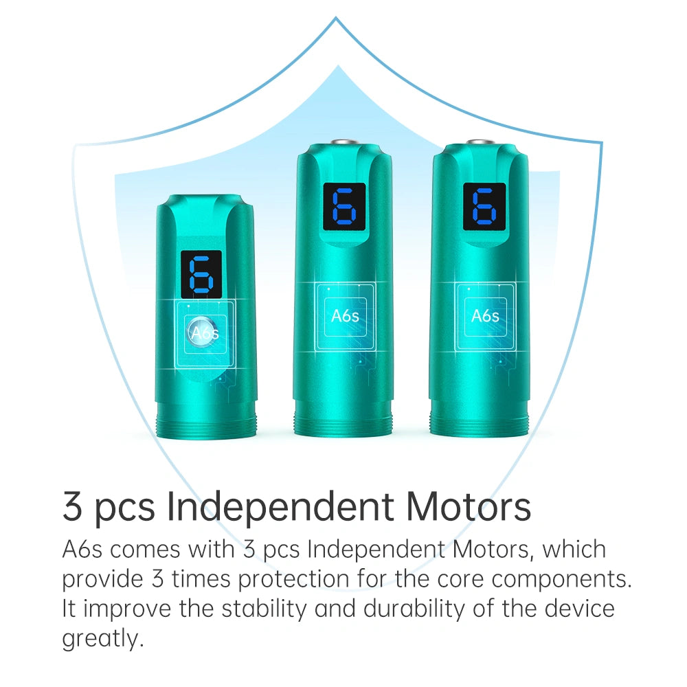 Three matte teal Dr. pen A6S microneedling pens with digital displays, showcasing independent motors.