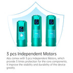 Three matte teal Dr. pen A6S microneedling pens with digital displays, showcasing independent motors.