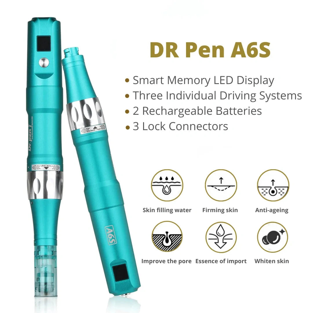 Sleek matte teal Dr. Pen A6S Smart Microneedling Pen with LED display, ideal for acne scars and skin texture.