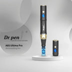 Dr. pen A8S Ultima Pro microneedling pen in black and gold with blue digital display, shown with a detached needle cartridge.
