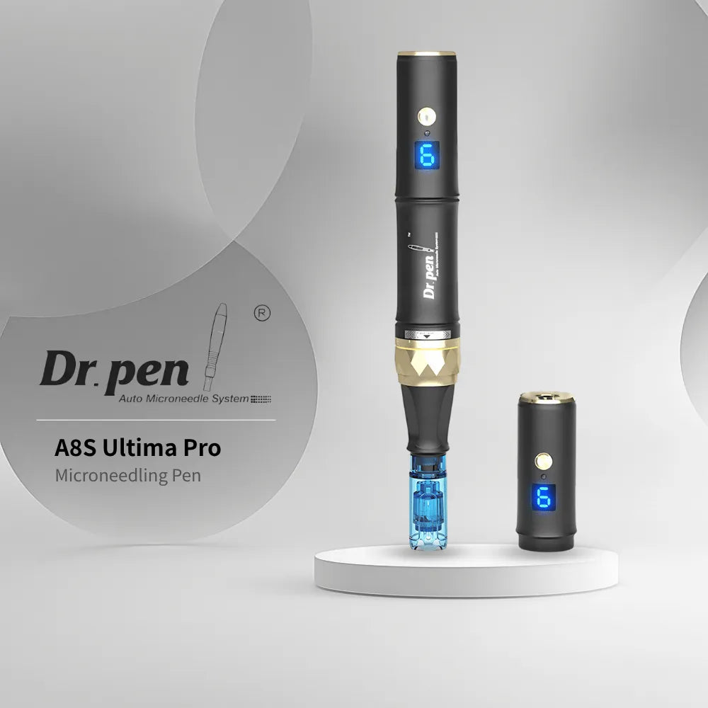 Dr. pen A8S Ultima Pro microneedling pen in black and gold with blue digital display, shown with a detached needle cartridge.