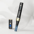 Dr. pen A8S Ultima Pro microneedling pen in black and gold with a digital display, alongside its charging base.
