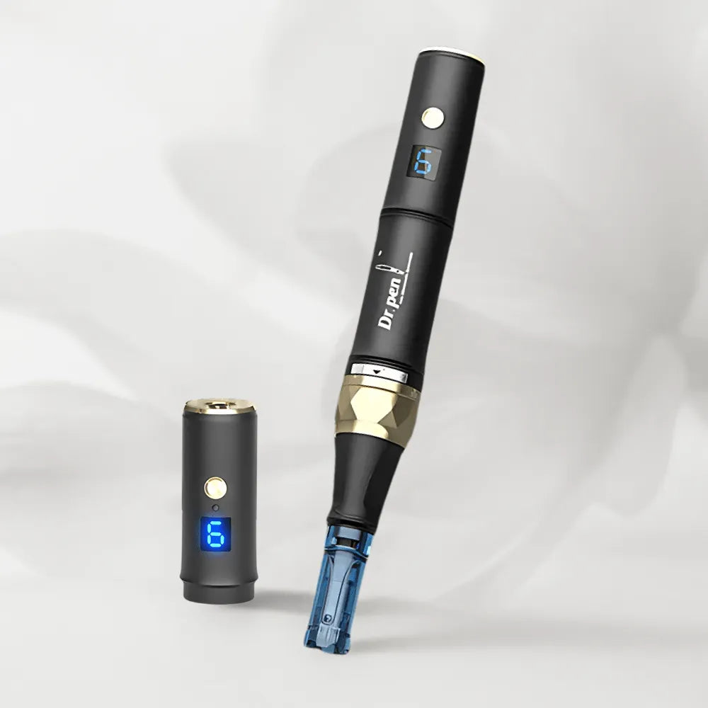 Dr. pen A8S Ultima Pro microneedling pen in black and gold with a digital display, alongside its charging base.