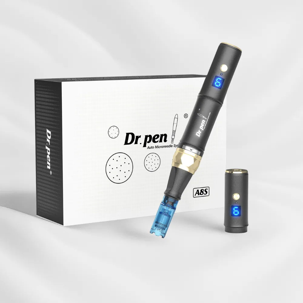 Dr. pen A8S Ultima Pro microneedling pen in black and gold, with blue LED display, next to its white box.