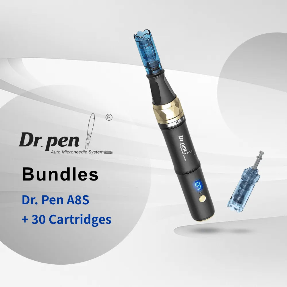 Dr. Pen A8S Ultima Pro microneedling pen in black and gold with a blue cartridge, plus a spare cartridge.