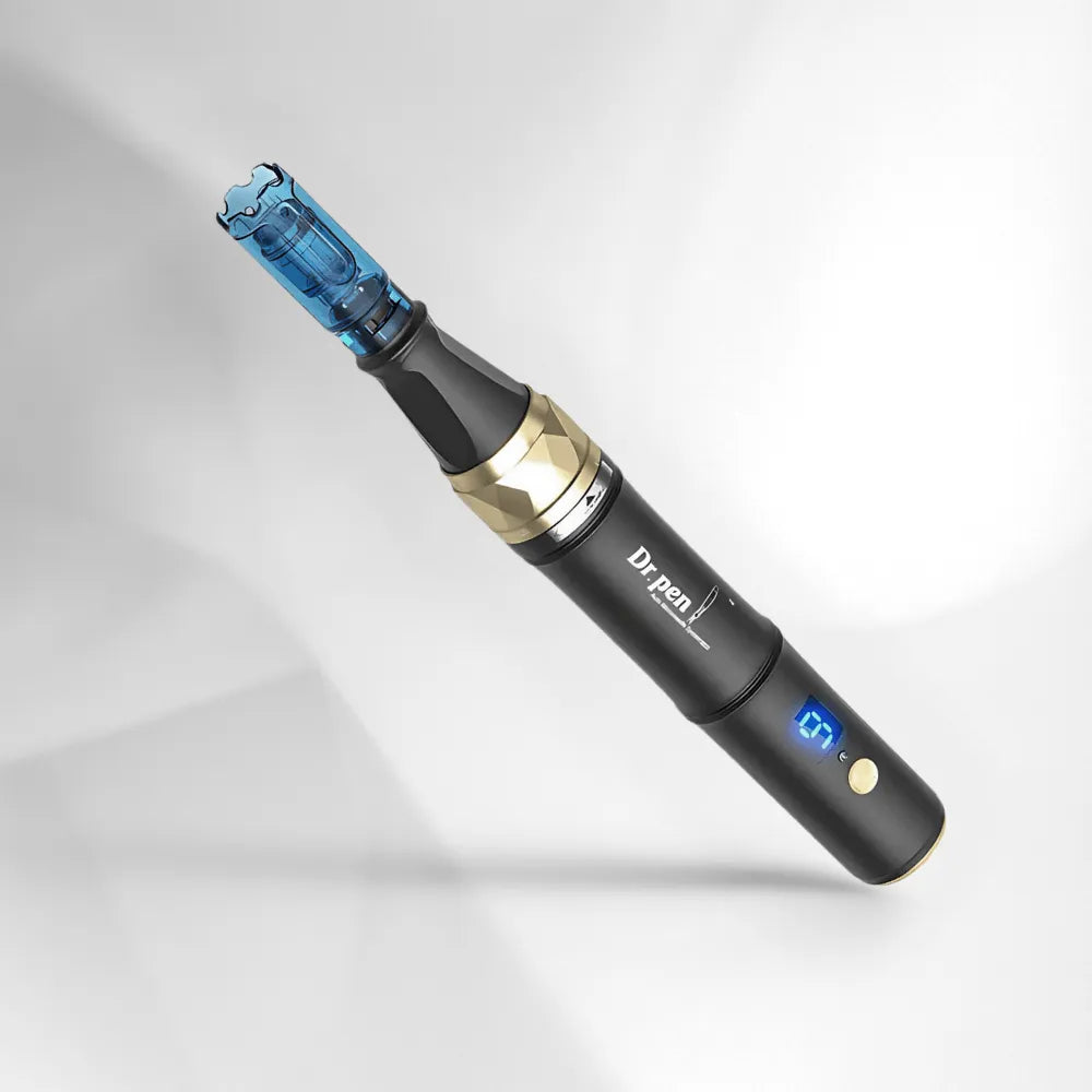Dr. pen A8S Ultima Pro microneedling pen in black and gold with a blue needle cartridge.
