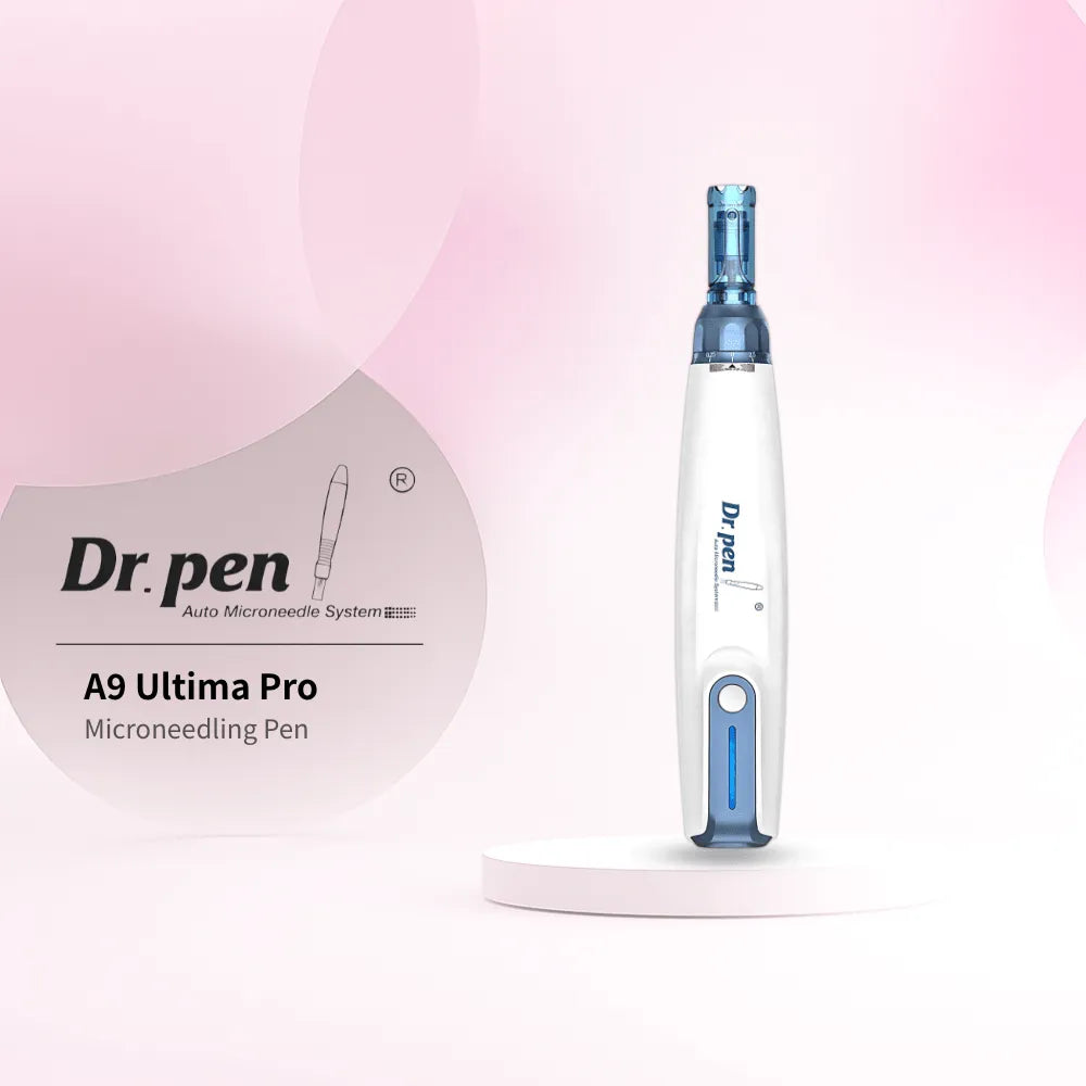 Dr.Pen A9 Ultima Pro microneedling pen, white and blue, on a pink background.