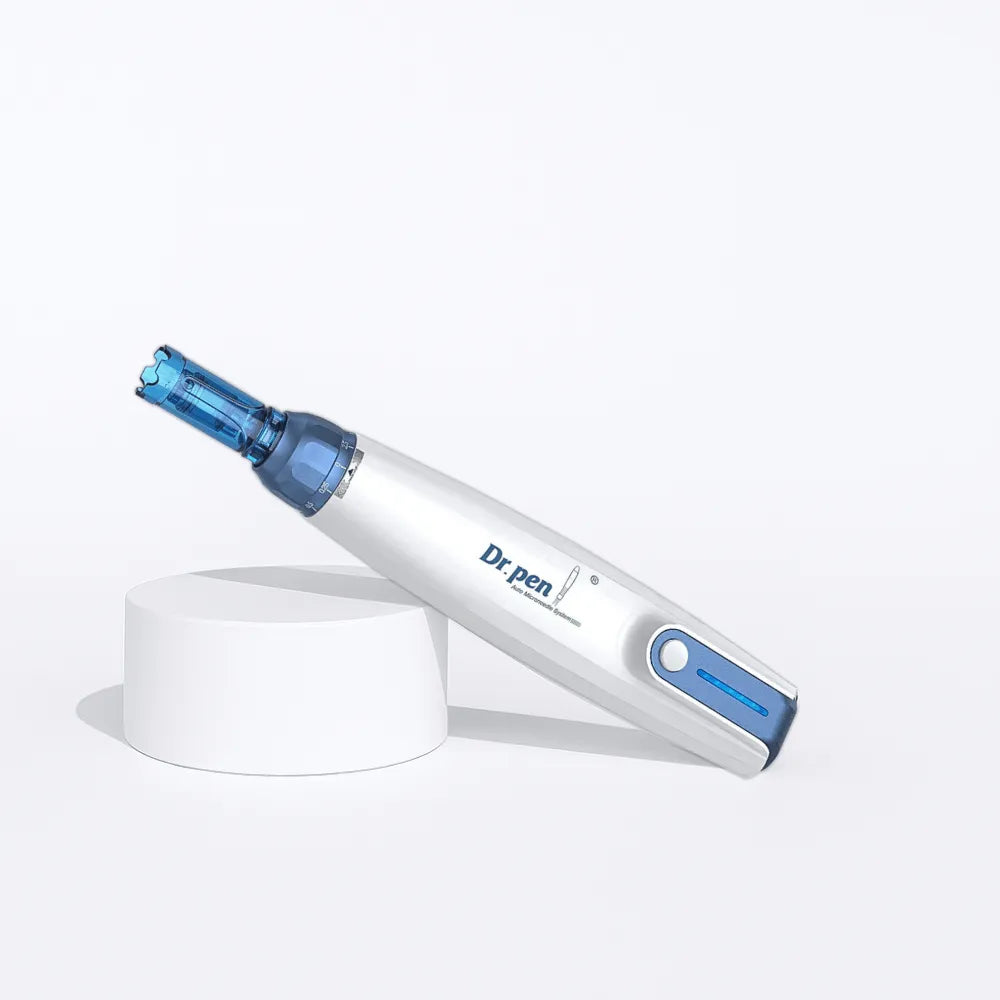 Dr.Pen A9 Ultima Pro microneedling pen, white with blue accents, on a white pedestal.