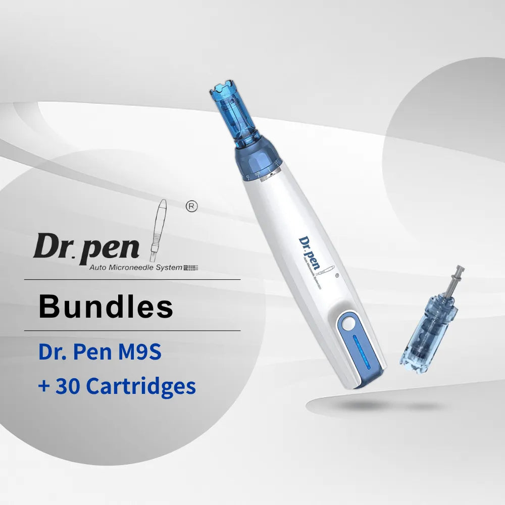 Dr. Pen M9S microneedling pen, white and blue, with a detachable cartridge, for professional skincare.
