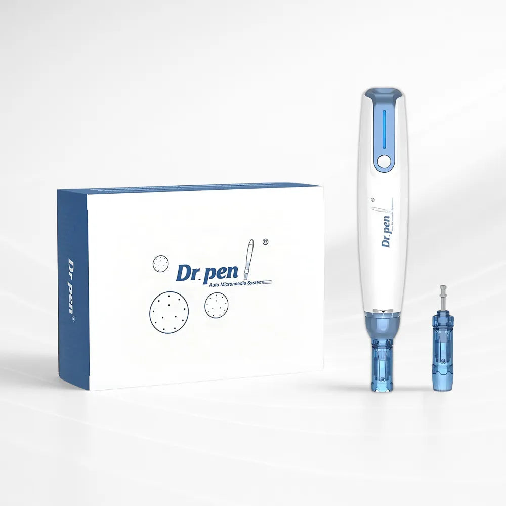 Dr.Pen A9 Ultima Pro microneedling pen in white and blue, with its official box and a needle cartridge.