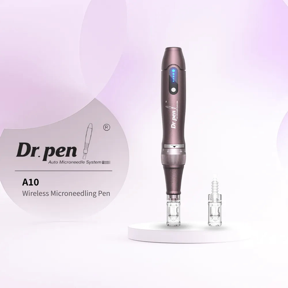 Dr. pen A10 wireless microneedling pen in sleek purple with LED display and adjustable needle depth.