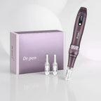 Dr. pen A10 wireless microneedling pen in sleek purple with LED display, precision dial, and two cartridges.