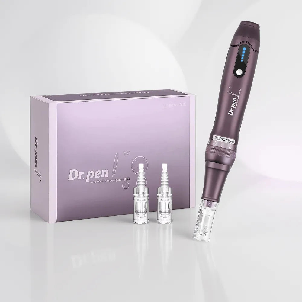 Dr. pen A10 wireless microneedling pen in sleek purple with LED display, precision dial, and two cartridges.