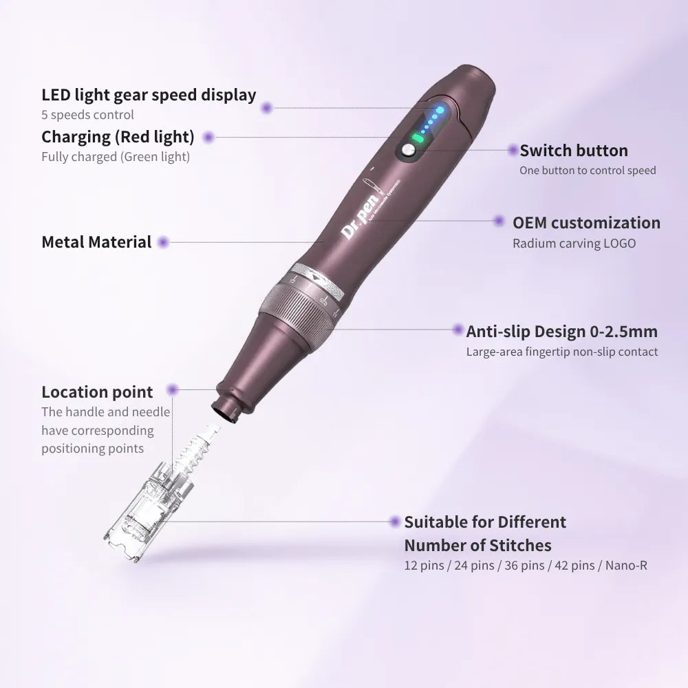 Sleek purple Dr.pen A10 wireless microneedling pen with LED display, anti-slip grip, and adjustable needle depth.