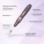 Sleek purple Dr.pen A10 wireless microneedling pen with LED display, anti-slip grip, and adjustable needle depth.