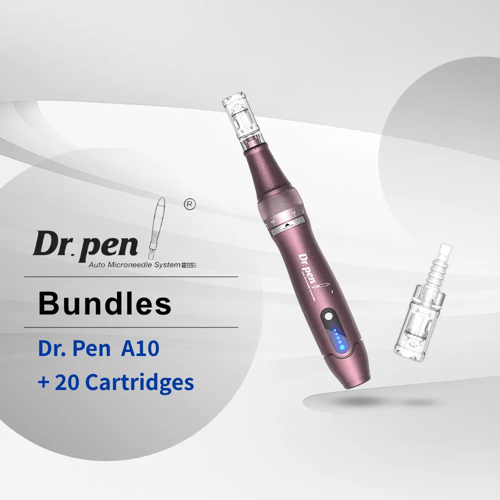 Dr. pen A10 wireless microneedling pen in sleek purple with LED display, adjustable dial, and cartridge.