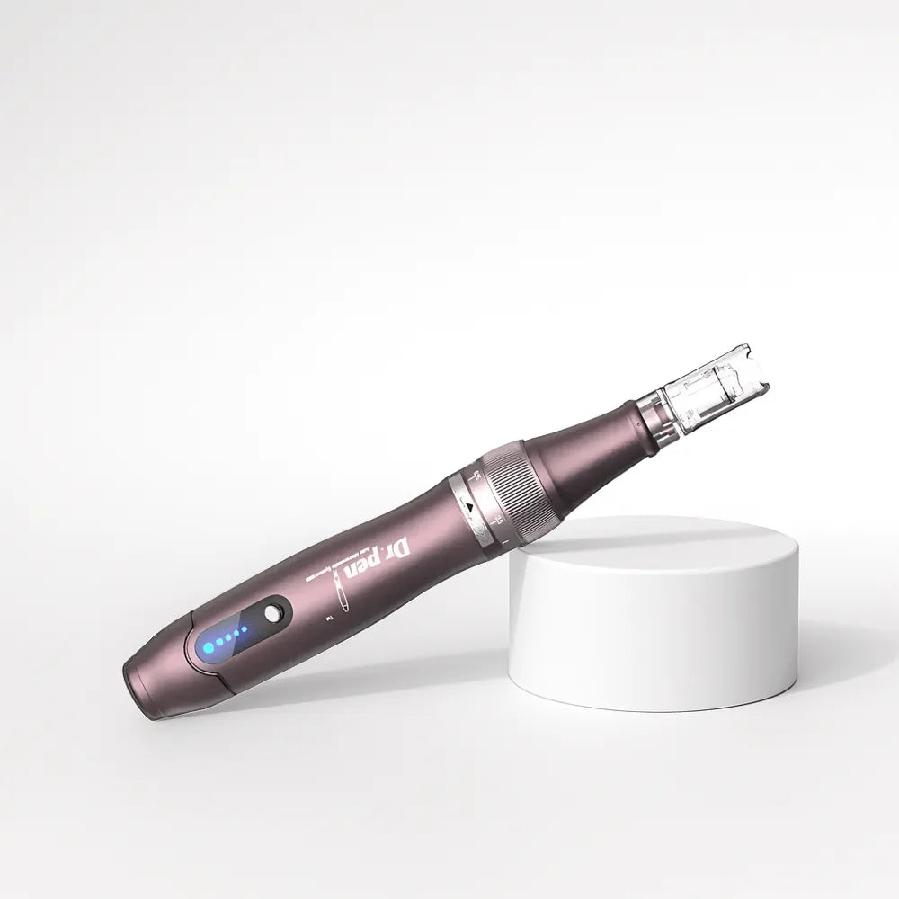 Sleek purple Dr.pen A10 wireless microneedling pen with LED display and adjustable depth dial.