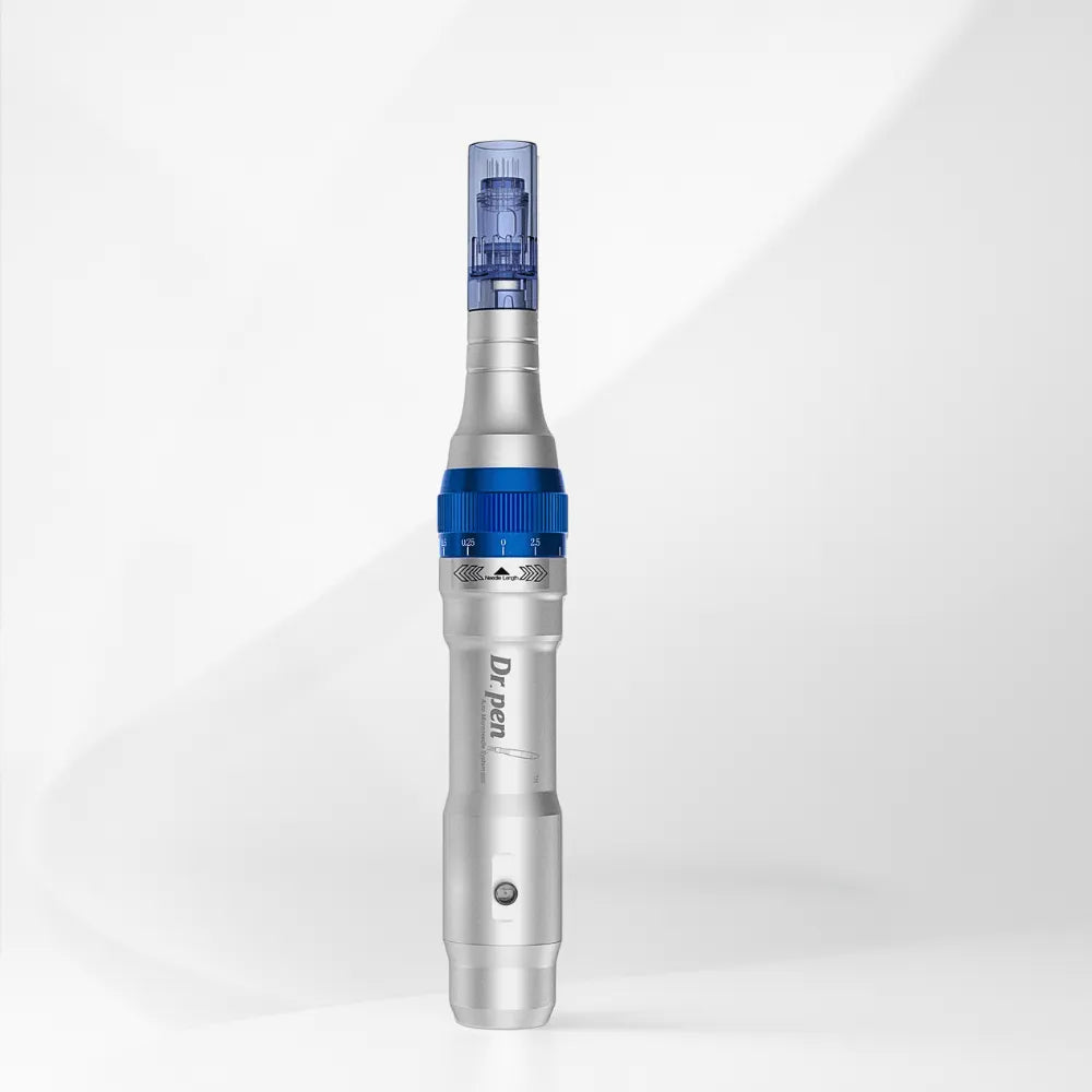 Dr.pen Ultima A6 professional microneedling pen in silver and blue, with adjustable needle depth.
