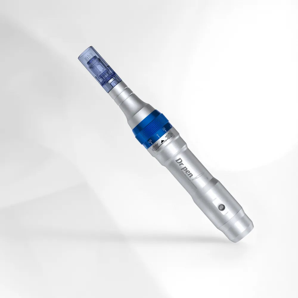 Dr.pen Ultima A6 professional microneedling pen in silver with blue accents and adjustable needle depth.