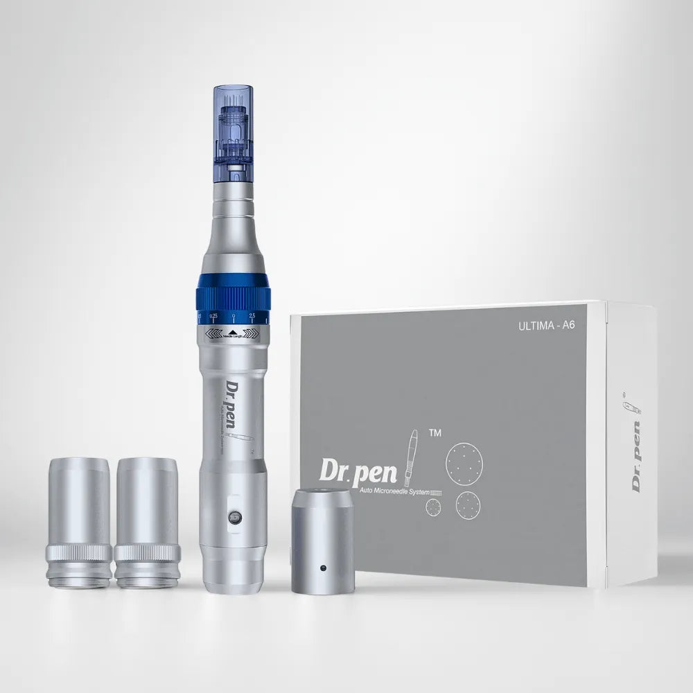 Dr.pen Ultima A6 professional microneedling pen, silver and blue, with cartridges and white box.