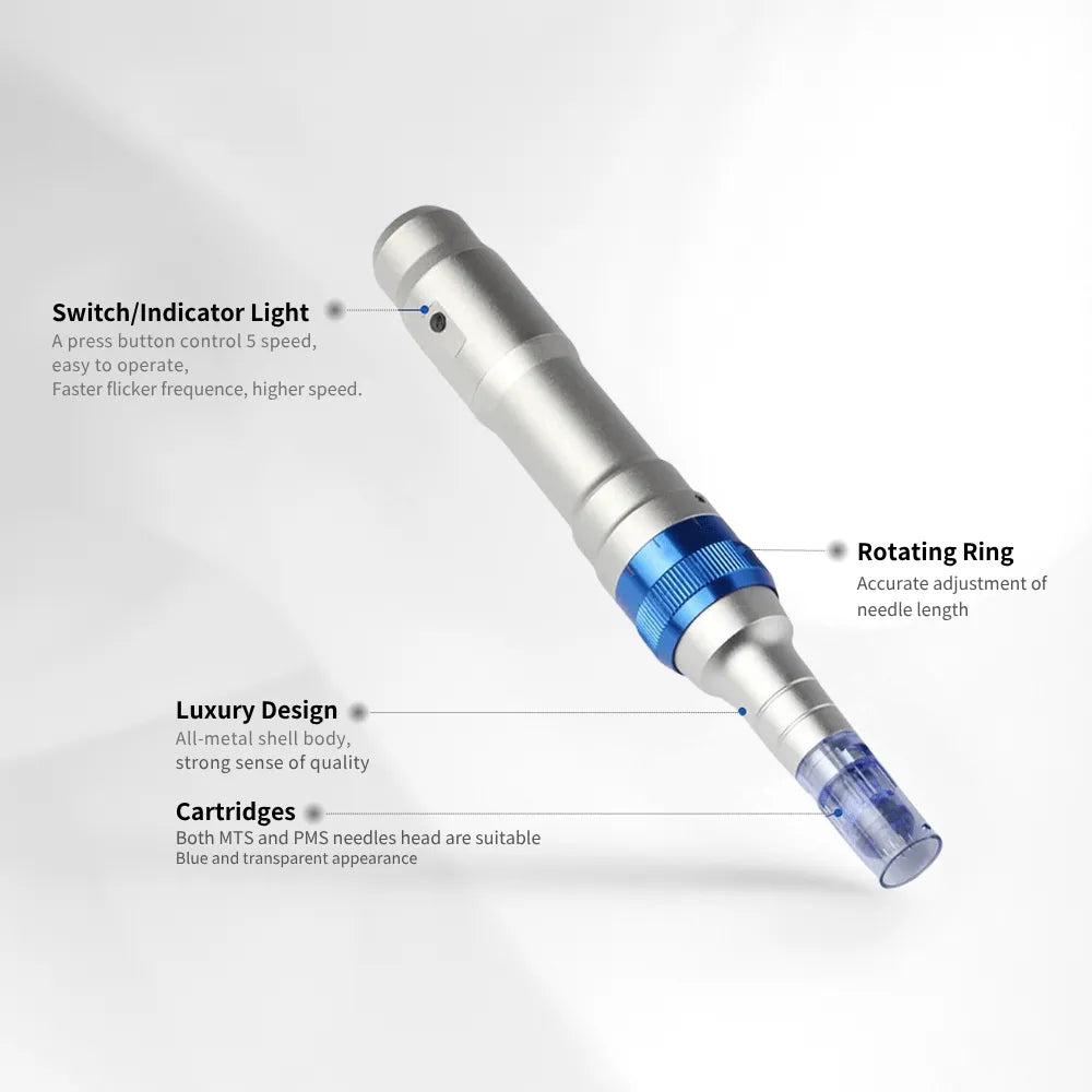 Dr.pen A6 professional microneedling pen, silver all-metal body with blue rotating ring and transparent needle cartridge.