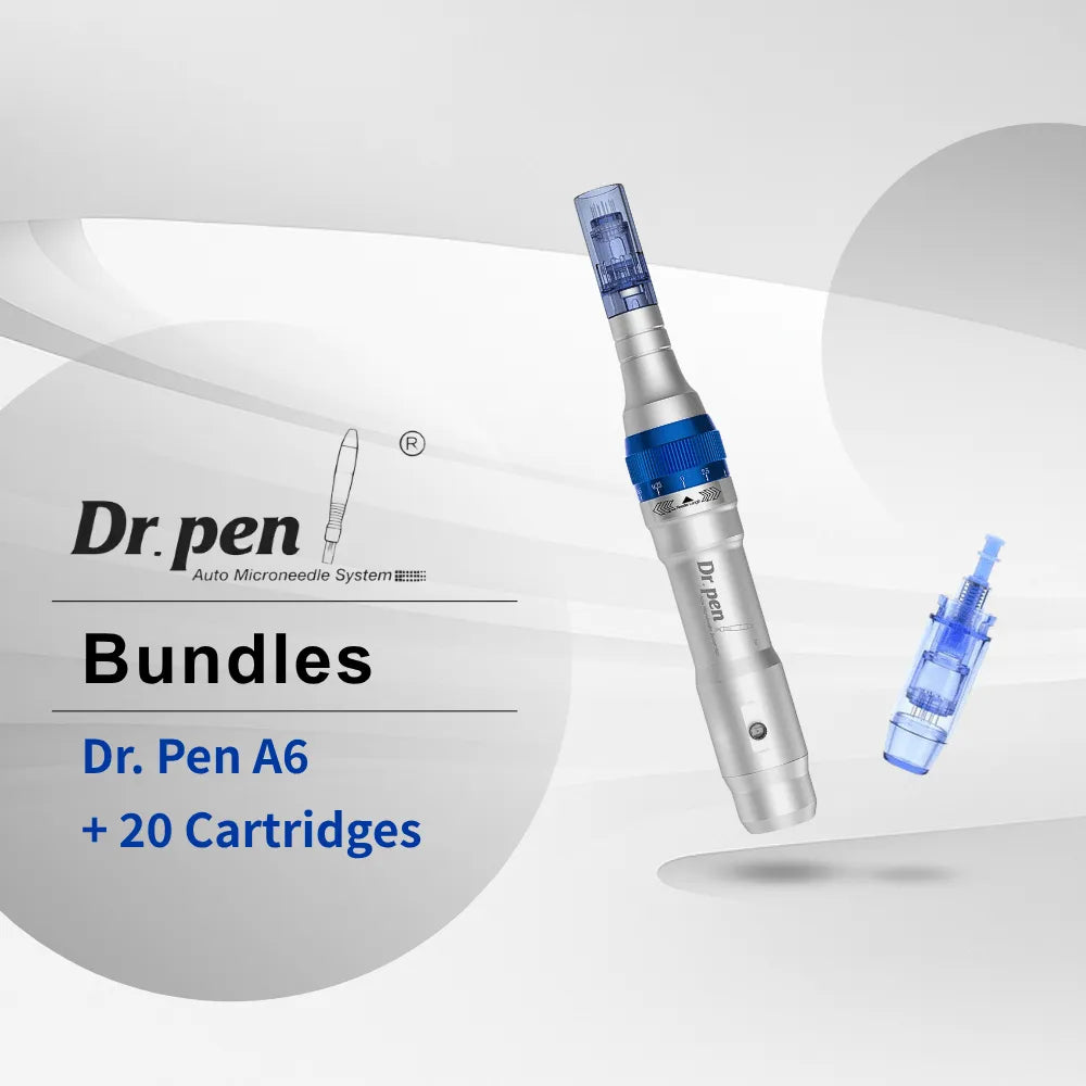 Dr.pen A6 Professional Microneedling Pen in silver with blue accents and a cartridge, plus a spare cartridge.