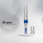 Dr.pen Ultima A6 Professional Microneedling Pen, sleek silver and blue design with adjustable needle depth.