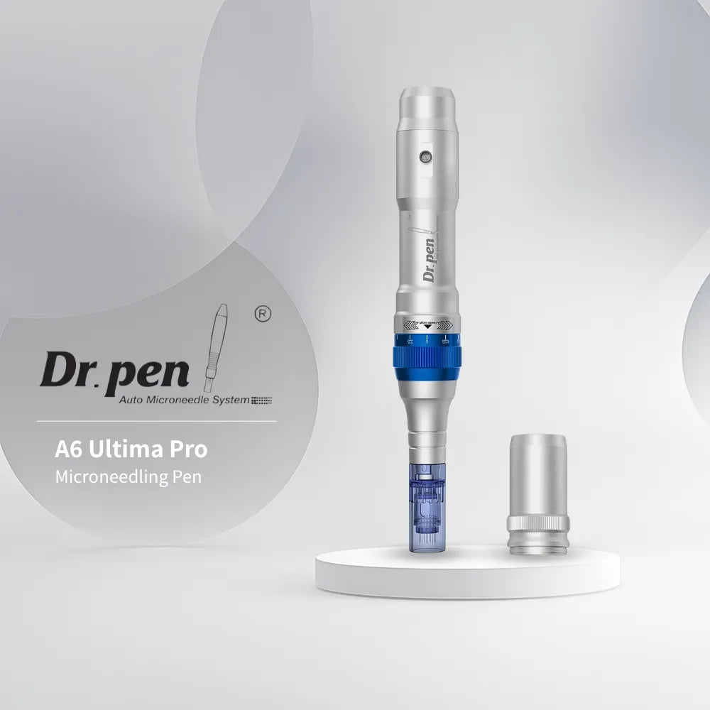 Dr.pen Ultima A6 Professional Microneedling Pen, sleek silver and blue design with adjustable needle depth.