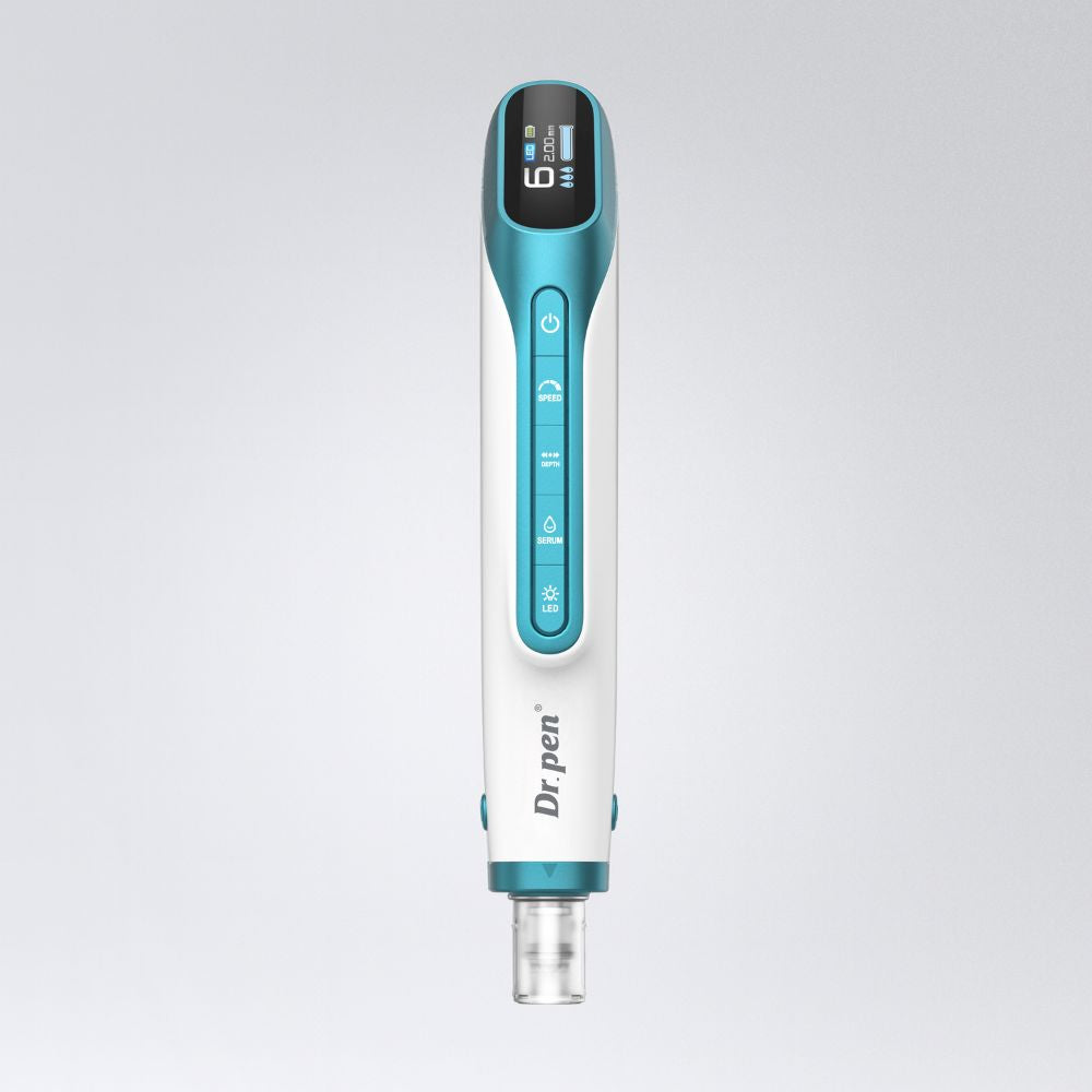 Dr.pen H6 professional microneedling pen with teal accents, LED display, and serum infusion.